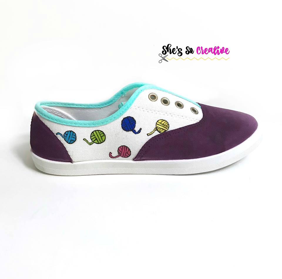 How to Make DIY Yarn Ball Canvas Shoes - Free Tutorial 10 DIY Yarn Ball Canvas Shoes - Canvas shoe Painting ideas - shoes for crocheters - shoes for knitters - gifts for knitters - gifts for crocheters