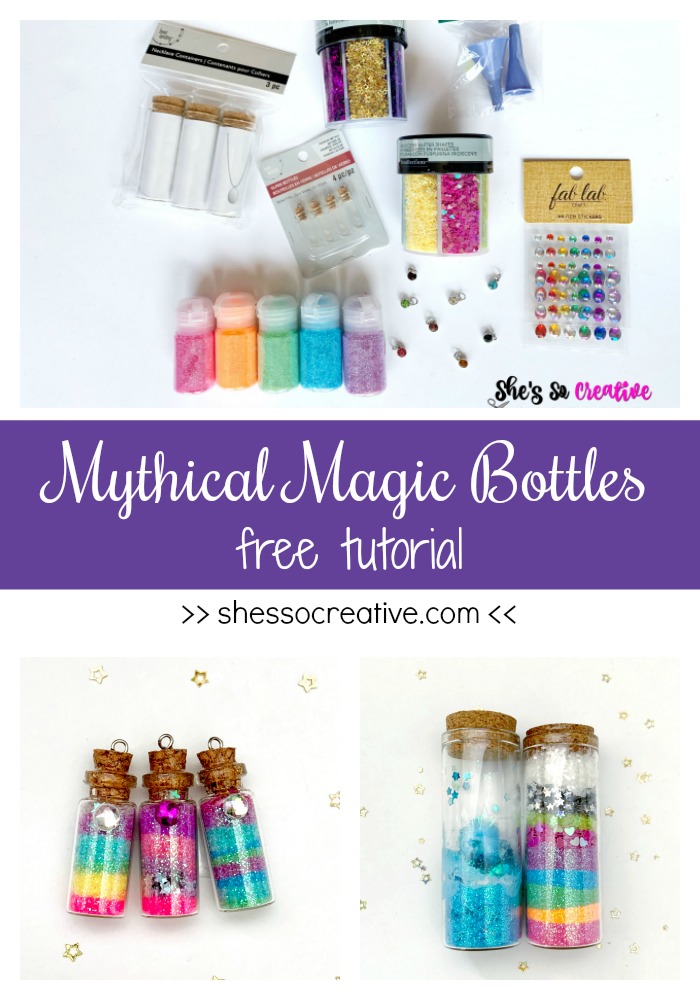 How to Make Mythical Magic Bottles - Free Tutorial 5 Mythical Magic Bottles free tutorial for glass jars with glitter inside Pinterest graphic